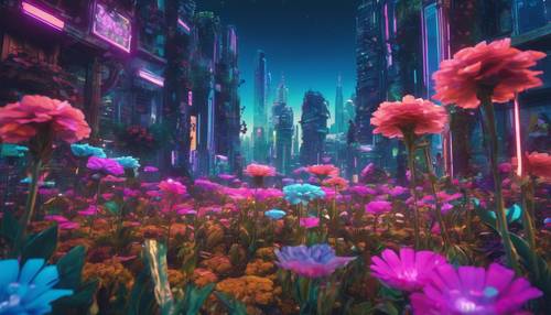 Fütüristik şehir arka planına sahip, pikselli, neon renkli çiçeklerle dolu, Y2K temalı bir bahçe.