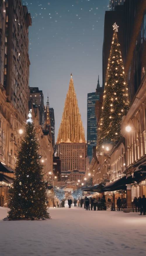 A widescreen shot of a city skyline at dusk on Christmas Eve, with glittering lights decorating skyscrapers and a grand Christmas tree in the main square.