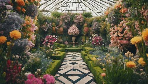 حديقة هندسية مورقة مليئة بمجموعة من الزهور المختلفة، تتفتح كل منها في أنماط هندسية معقدة.