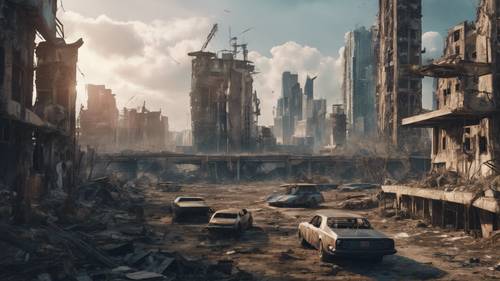 An evocative skyline view of a dystopian future city in ruins.