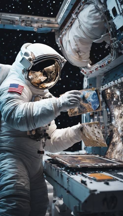 Um astronauta pintando uma imagem da Terra a partir de uma estação espacial.