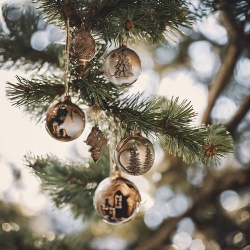 Rustic, old-fashioned Christmas ornaments hanging delicately on the branches of a towering pine tree.