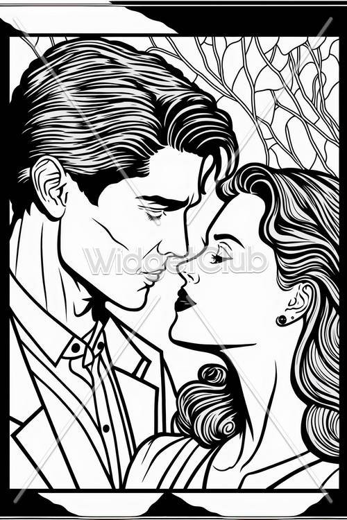 Ilustração romântica em preto e branco de um casal prestes a se beijar