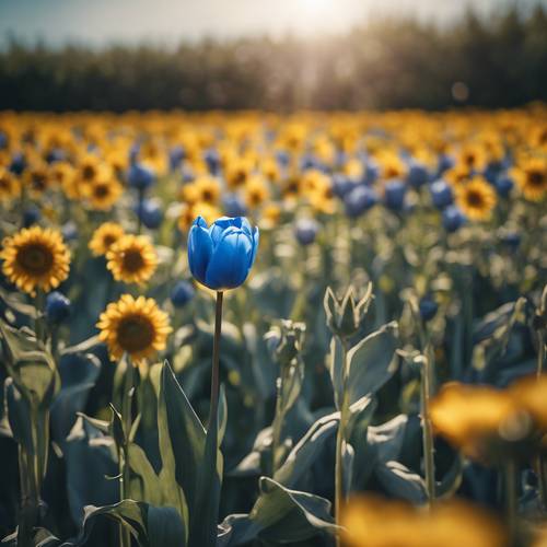 午后的阳光下，一朵蓝色郁金香被一片向日葵花海守护着。