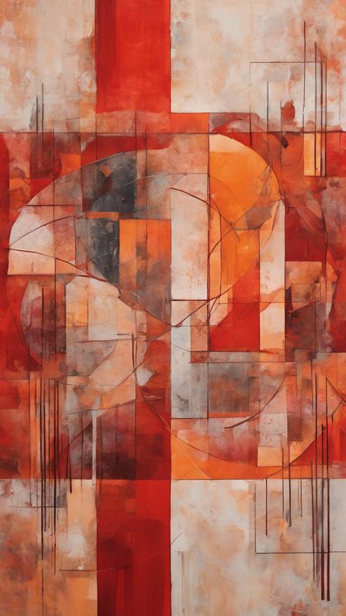 A modern red and orange geometric abstract painting.