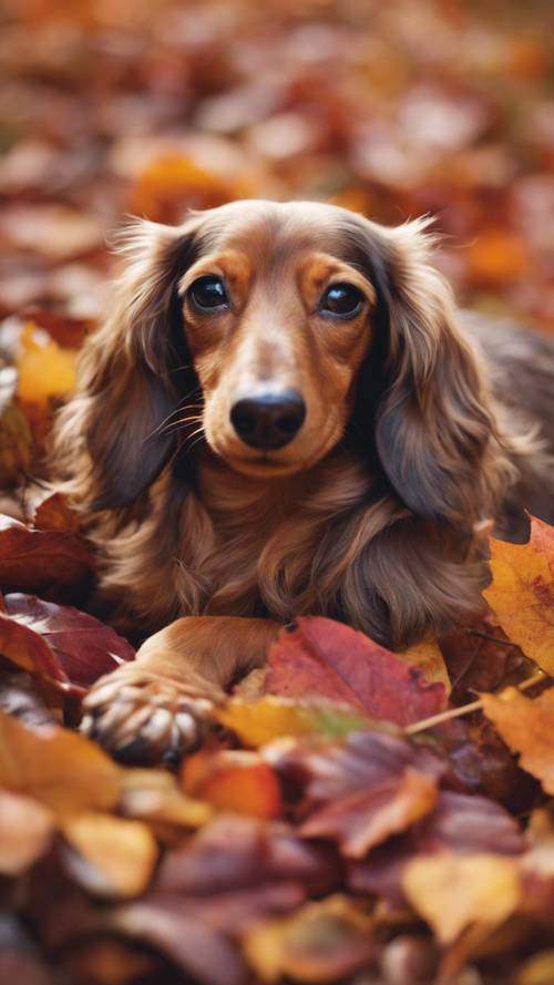 A long-haired Dachshund asleep in a heap of multicolor autumn leaves in a beautiful garden.