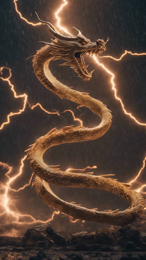 זוג דרקונים מסתחררים בריקוד אווירי דרמטי באמצע סופת ברקים.