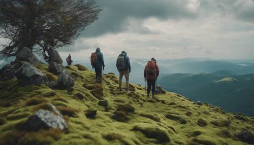 徒步旅行者站在绿色青苔山顶上，欣赏多云天空下的美景。