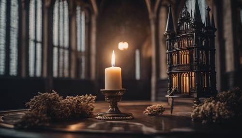 Un pequeño palacio gótico oscuro con una sola vela brillando en la alta torre.