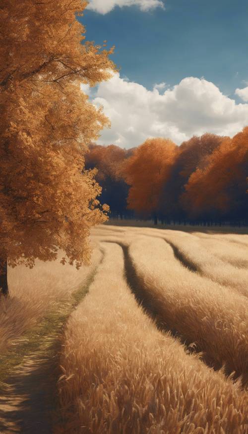 Una pintura de paisaje de otoño con campos de textura marrón y cielo azul profundo.