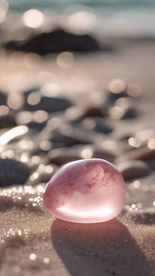 A small, smooth, pink marble pebble lying on the beach with waves gently washing over it.