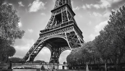 The Eiffel tower portrayed as a photo negative, with black areas appearing white and vice versa.