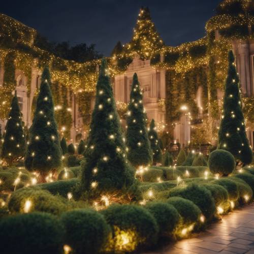 Um magnífico jardim palaciano adornado com árvores de Natal topiárias iluminadas com milhares de luzes de fada.