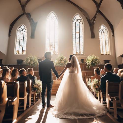 Pasangan bahagia menikah di gereja yang diterangi matahari, penuh dengan kegembiraan dan cinta.