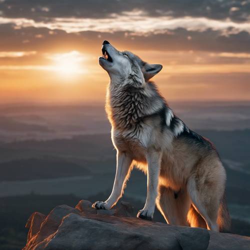 A grey wolf howling proudly on a cliff with a beautiful sunset in the background.
