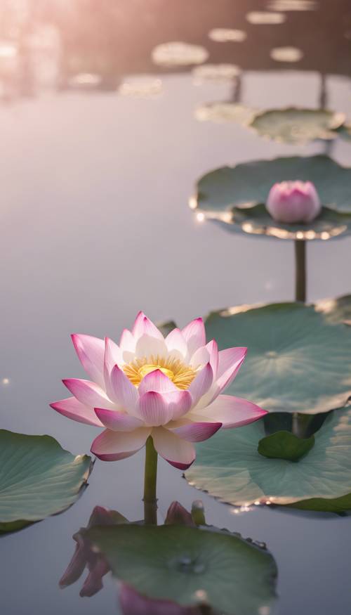 一朵淡粉色到白色的渐变色莲花盛开，漂浮在宁静的池塘上。