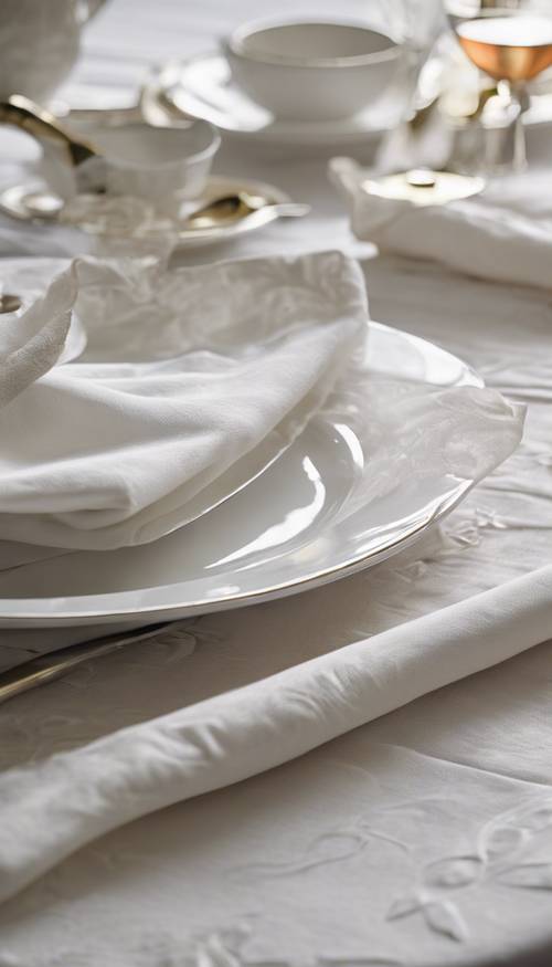 The texture of a well-ironed, crisp white linen tablecloth on a grand dining table set for a feast.