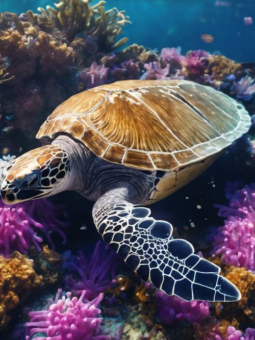 Một con rùa biển lưng da với chiếc mai bằng da và đôi mắt hiền lành, được bao quanh bởi những đàn hải quỳ rực rỡ.