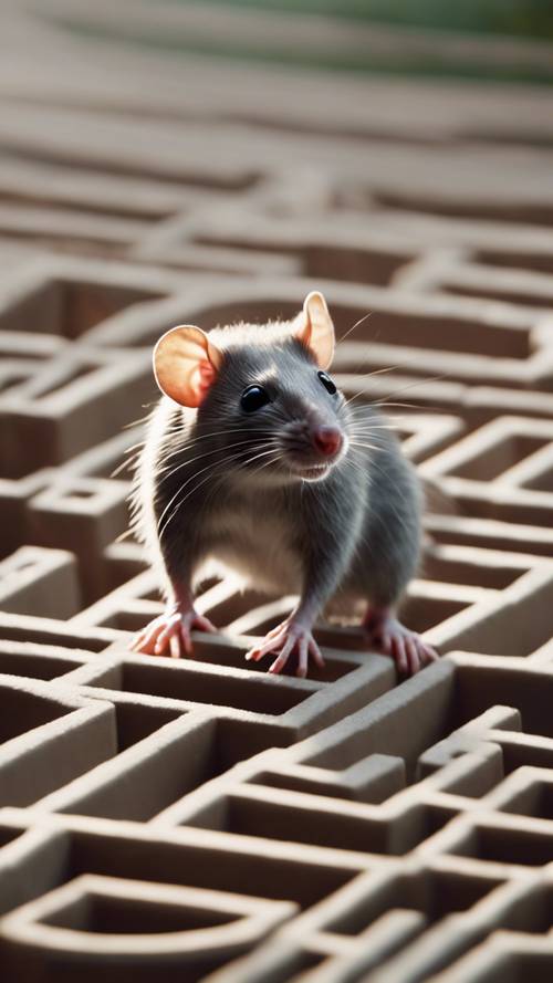 עכברוש אתלטי מנווט במיומנות במבוך מורכב, עיניים ממוקדות בפרס בסוף.