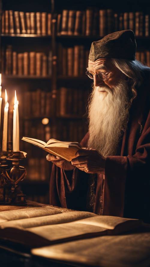 An aging, wise wizard studying a magical tome in his candlelit library