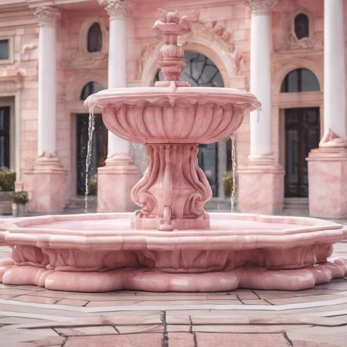 Una elegante fuente de mármol rosa pastel en una plaza de la ciudad.
