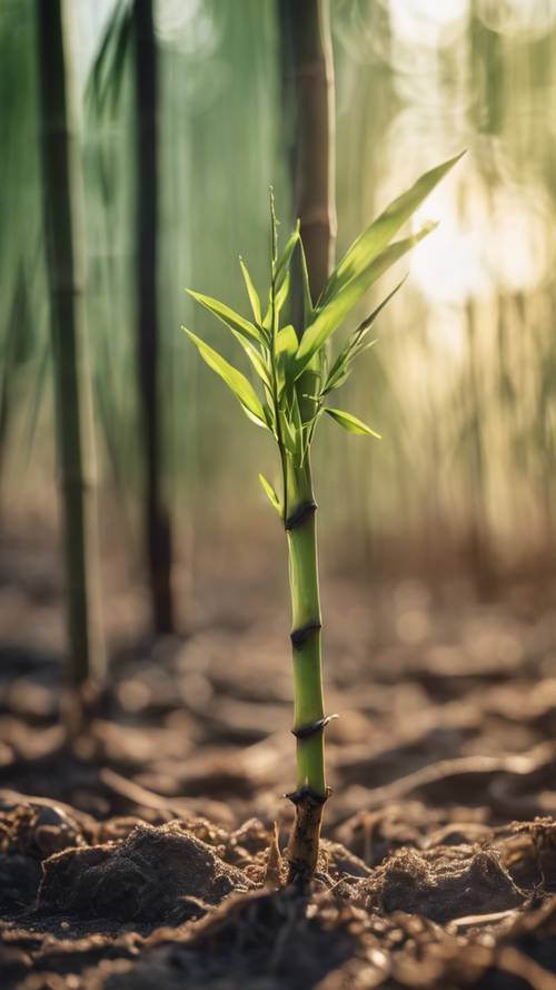 Pojedynczy pęd bambusa wyrastający z ziemi w porannym świetle