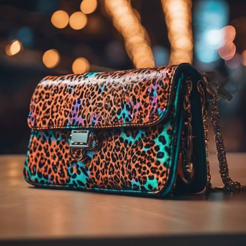 A trendy woman's clutch purse designed with a neon cheetah print.