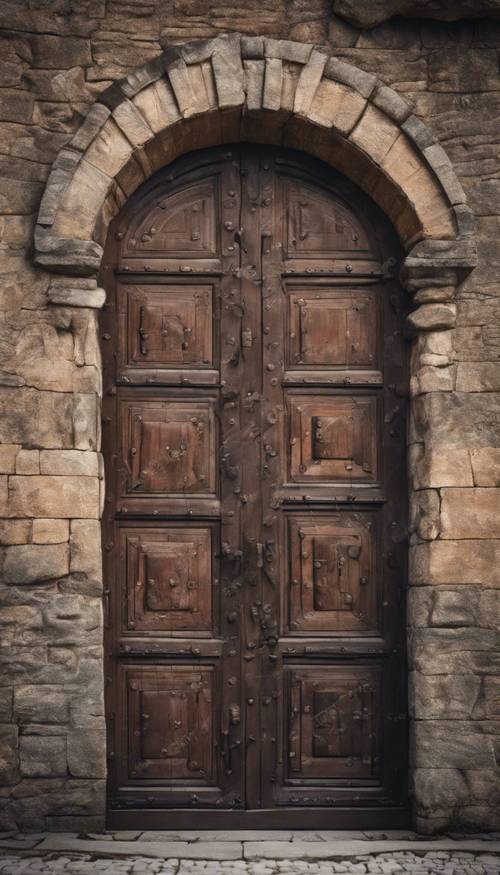 Uma porta de madeira texturizada marrom escura de um antigo castelo.