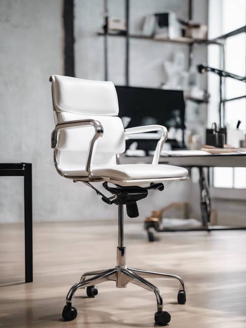 Aydınlık, minimalist bir çalışma alanı ortamında beyaz deriden yapılmış modern bir ofis koltuğu.