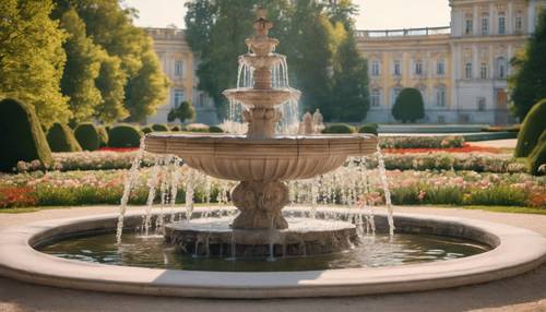 Um momento tranquilo nos jardins do Palácio de Schönbrunn, com flores desabrochando e uma fonte barroca cristalina. Papel de parede [b053a1bfb5884c7799c1]