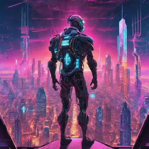 Um humano ciberneticamente aprimorado com armas cibernéticas, olhando para o horizonte de uma cidade repleta de máquinas sencientes e estruturas cibernéticas.