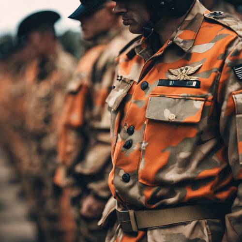 강렬한 오렌지색 카모 패턴이 돋보이는 군복입니다.