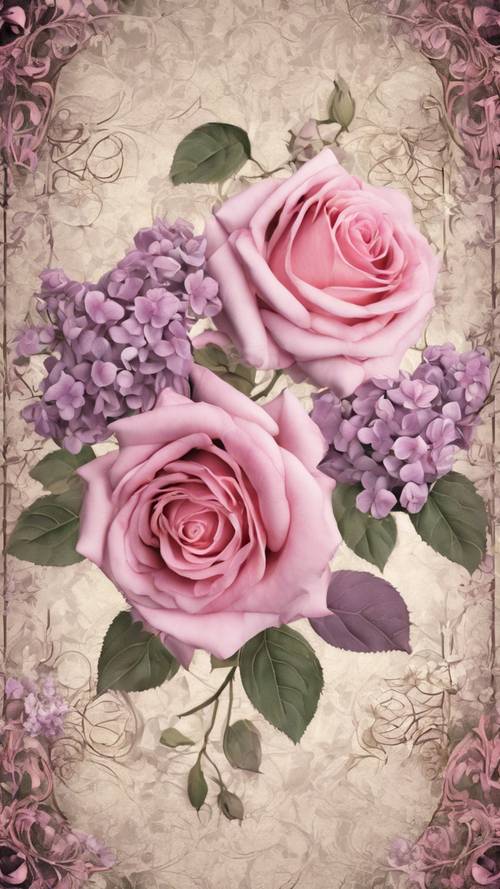 A romantic, vintage floral pattern with pink roses and lilacs on an etched scrollwork background.