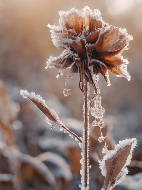 冬天的第一场霜冻中，一朵棕色的花枯萎了。