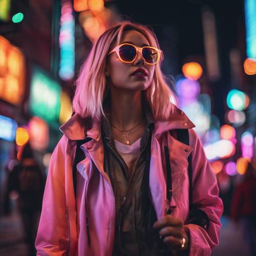 فتاة مدينة عصرية، تتجول في شوارع وسط المدينة الصاخبة بأضواء النيون الملونة.