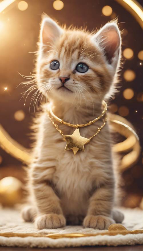 Un retrato de un gatito recién nacido del signo zodiacal Leo sentado en una alfombra con forma de estrella, con un halo dorado alrededor de su cabeza y una suave sonrisa en su rostro.