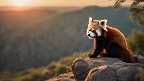 Ein einsamer Roter Panda sitzt gedankenverloren bei Sonnenuntergang am Rand einer Klippe.