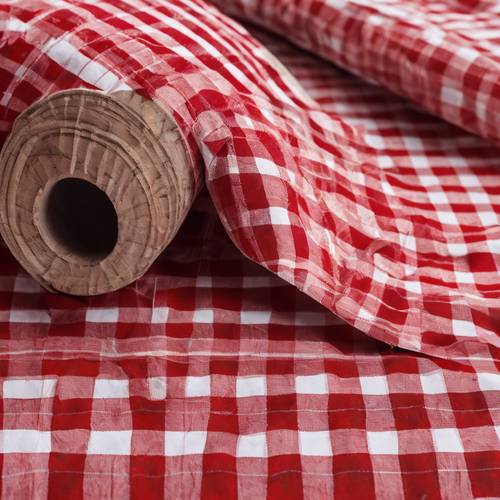 Tissu de flanelle à carreaux rouges et blancs roulé sur une table de découpe.