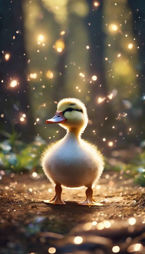 Um pato kawaii em uma floresta mística encantada com partículas brilhantes ao seu redor.