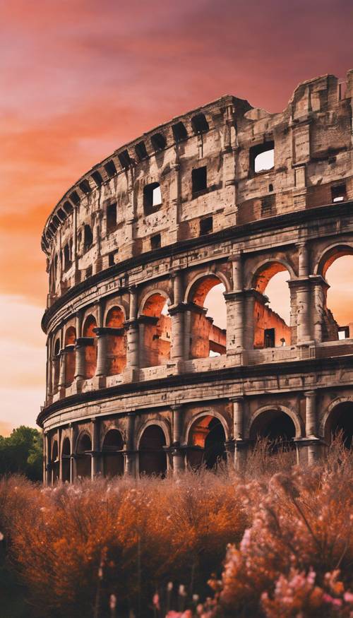 A close-up of an intricate mural depicting the Colosseum at sunset, with hues of orange and pink adorning the sky. Tapetai [762ae7f3fa4a46c1a820]