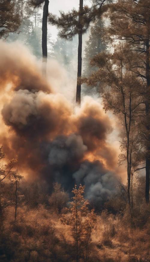 Nuvens espessas de fumaça marrom de um grande incêndio florestal, velando uma cena de floresta.