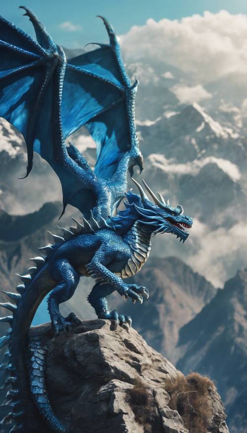 Un dragon bleu aux écailles irisées planant au-dessus de hautes montagnes.