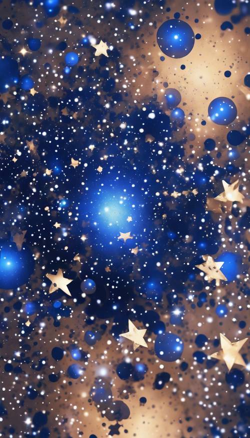 Una explosión dinámica de puntos de color azul cobalto y blanco helado, estrellas y formas similares a nebulosas distribuidas aleatoriamente como si representaran el espacio exterior.