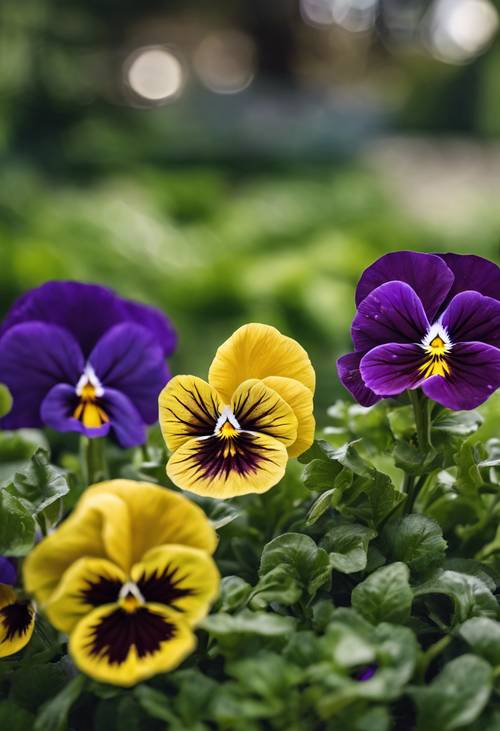 A yellow and purple pansy dominating the foreground with a blurred lush green garden in the background.