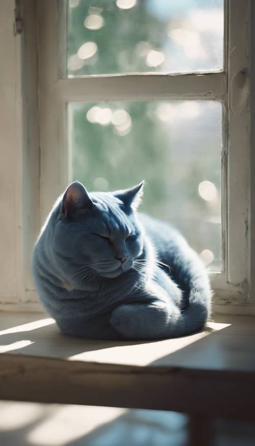 A chubby blue cat sleeping on a sunny windowsill.