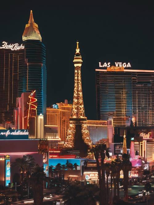 Đường chân trời Las Vegas về đêm, cảnh quan thành phố sôi động rực sáng với những biển hiệu đèn neon và sự phấn khích nhộn nhịp.
