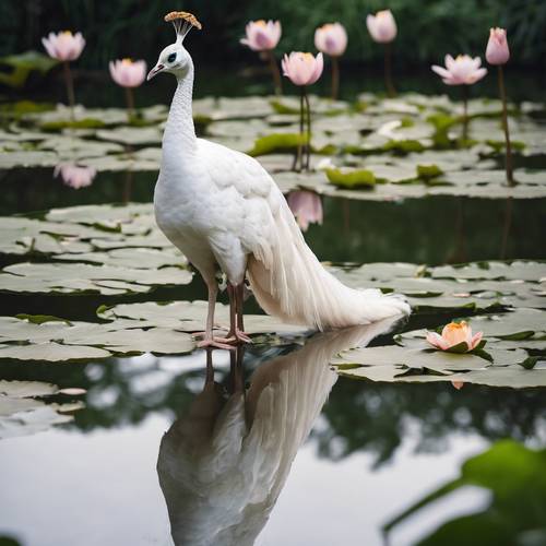 Un pavone bianco osserva con curiosità il proprio riflesso in uno stagno limpido circondato da fiori di loto.