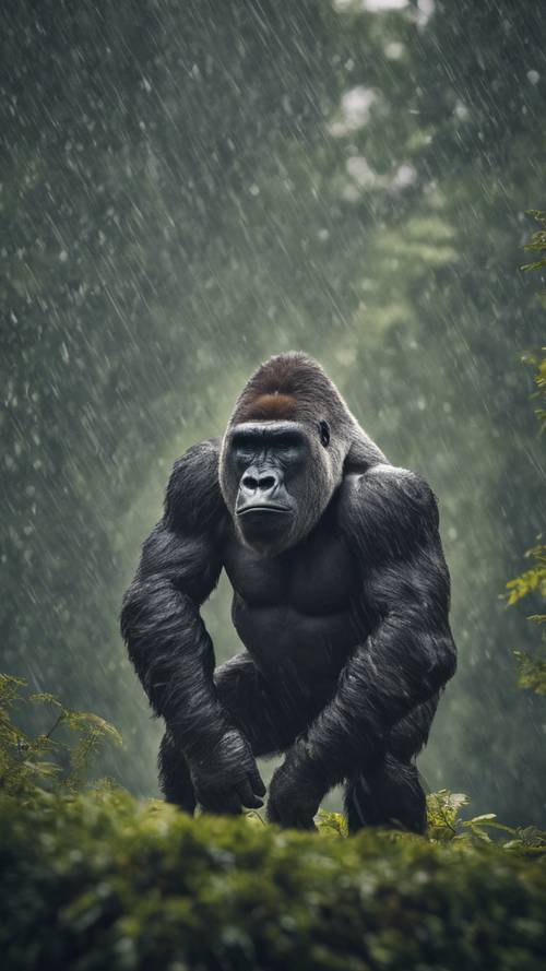 A massive, muscular gorilla leader confidently standing at the edge of his forest territory during a rainstorm.