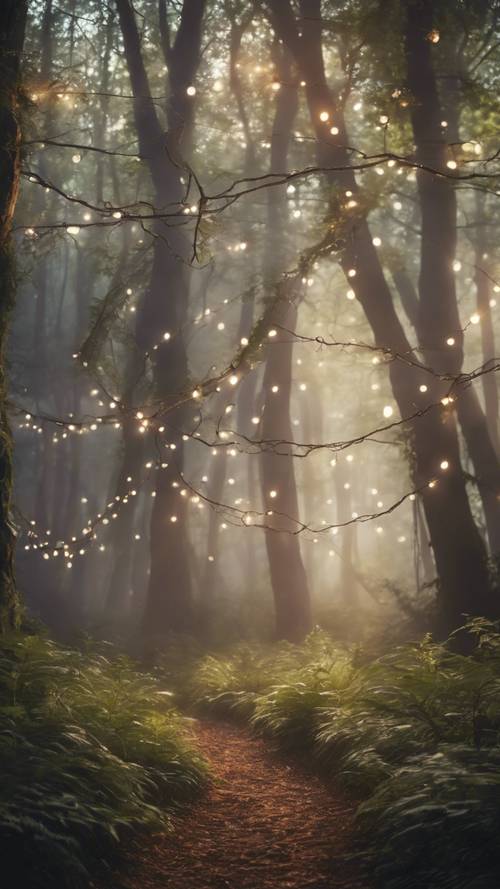 Hutan ajaib seperti mimpi dengan lampu peri yang bersinar dan kabut halus.