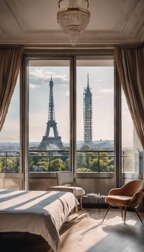Kamar tidur mewah Prancis modern dengan jendela setinggi langit-langit yang menghadap ke Menara Eiffel.
